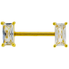 14G PVD Nipple Barbell w/ Baguette Gem Ends-1.6MM (14G)-GOLD PVD-CLEAR