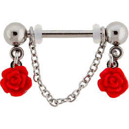 NIPPLE BARBELL WITH CHAINED ROSES-1.6MM (14G)-14MM (9/16