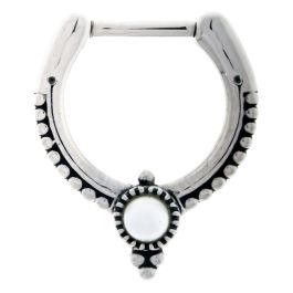 STEEL CAST 16G 5/16 SEPTUM CLICKER WITH BEADED VICTORIAN DESIGN AND PEARL CENTER