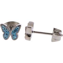 Pair of Steel Earring Studs w/ Gemmed Butterfly-AQUAMARINE
