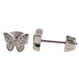 Pair of Steel Earring Studs w/ Gemmed Butterfly-CLEAR