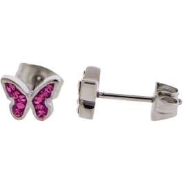 Pair of Steel Earring Studs w/ Gemmed Butterfly-PINK