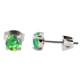 STEEL PRONG SET SYNTHETIC OPAL EAR STUDS - 5MM LIME GREEN