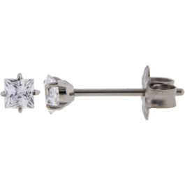Steel Stud Earring With Prong Set Square Premium Zirconia-3MM-WHITE