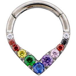 V shaped Titanium hinged segment ring with rainbow gems-1.2MM (16G)-8MM (5/16