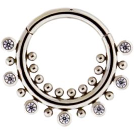 TITANIUM HINGED RING WITH BEZEL SET CLEAR GEMS AND BEADS-1.2MM (16G)-8MM (5/16