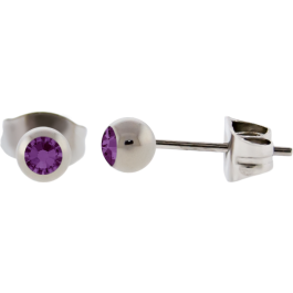 Titanium Stud Earring with Bezel Set Round Premium Crystal-AMETHYST-3MM