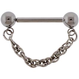 14G Titanium Threadless Nipple Barbell w/ Dangling Double Rope Chain-CLEAR