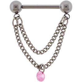Titanium Threadless Nipple Barbell w/ Gemmed Double Chain-PINK