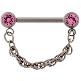 14G Titanium Threadless Nipple Barbell w/ Front Facing Gem Ball w/ Double Roped Chain-PINK