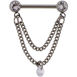 14G Titanium Threadless Nipple Barbell w/ Front Facing Gem Ball w/ Double Chain and Round Gem-CLEAR