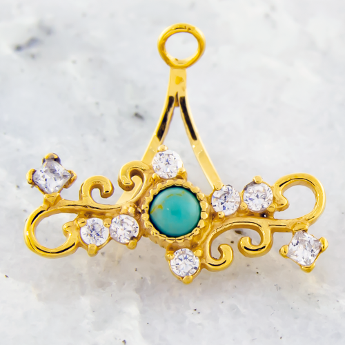 STEEL CAST GOLD PVD NAVEL RING HANGER WITH TURQUOISE DYED HOWLITE CENTER AND FILGREE DESIGN WITH CLEAR GEMS