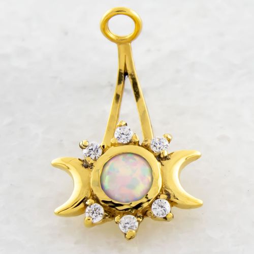 STEEL CAST GOLD PVD NAVEL RING HANGER WITH WHITE SYNTHETIC OPAL AND CLEAR PRONG SET GEM CENTER AND CRESCENT MOON SIDES