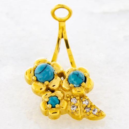 STEEL CAST GOLD PVD NAVEL RING HANGER WITH TURQUOISE DYED HOWLITE FLOWERS WITH CLEAR PAVE LEAVES