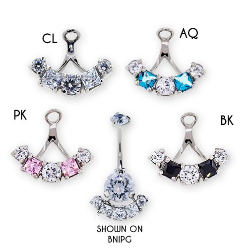 STEEL CAST NAVEL RING HANGER WITH PRONG SET BLACK SQUARE GEMS AND CLEAR ROUND GEMS
