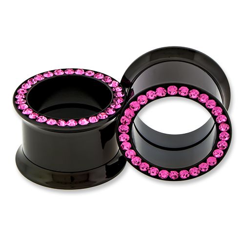 INTERNALLY THREADED TUNNEL BLACK PVD AND PINK GEMS 0G 