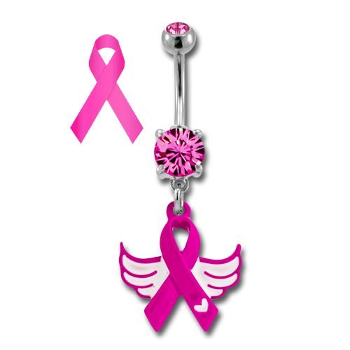BREAST CANCER AWARENESS BELLY RING WITH RIBBON AND WINGS