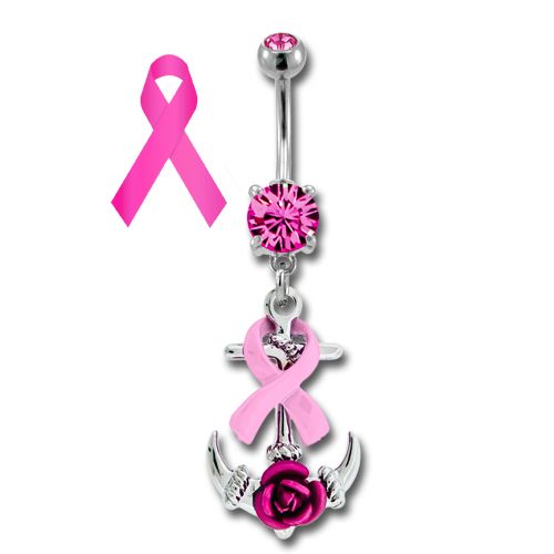 BREAST CANCER AWARENESS BELLY RING WITH ANCHOR AND RIBBON