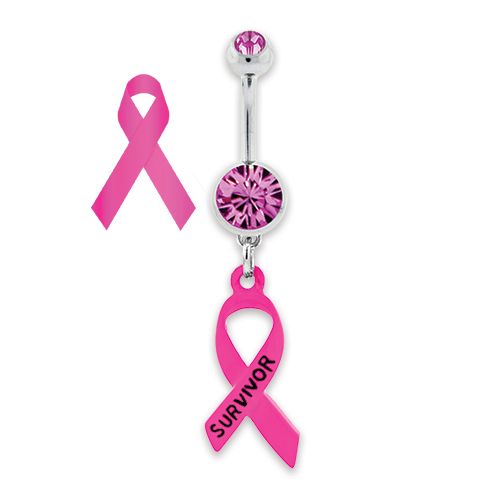 BREAST CANCER AWARENESS BELLY RING WITH SURVIVOR RIBBON