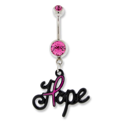 BREAST CANCER AWARENESS BELLY RING  WITH HOPE DANGLE AND RIBBON