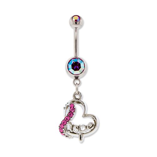 BREAST CANCER AWARENESS BELLY RING WITH HOPE HEART DANGLE