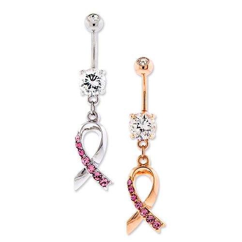 BREAST CANCER AWARENESS BELLY RING RIBBON  WITH PINK PAVE GEMS