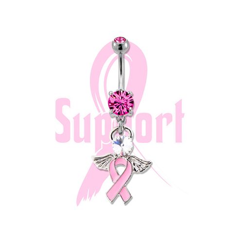 BREAST CANCER AWARENESS BELLY RING RIBBON WITH ANGEL WINGS