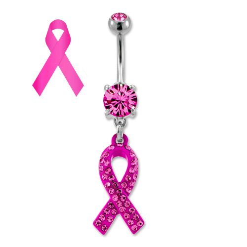 BREAST CANCER AWARENESS BELLY RING WITH PINK GEM RIBBON