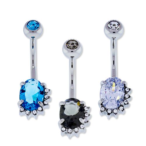 Bna 14G 3/8 With Black Diamond Top Gem And Large Oval Black Diamond Bottom Gem With Prong Set Clear