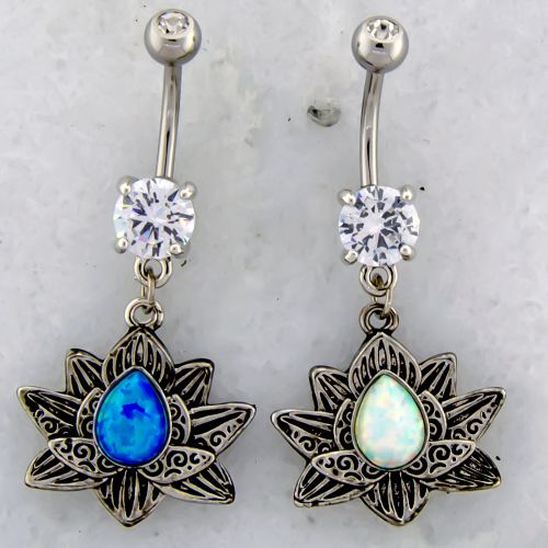 14G LOTUS BELLY RING WITH OPAL CENTER