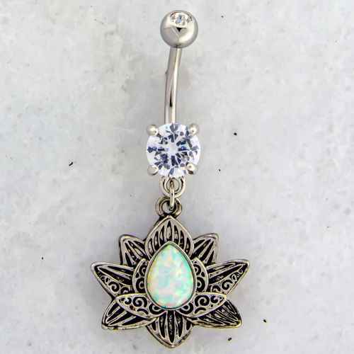 14G LOTUS BELLY RING WITH OPAL CENTER-WHITE OPAL