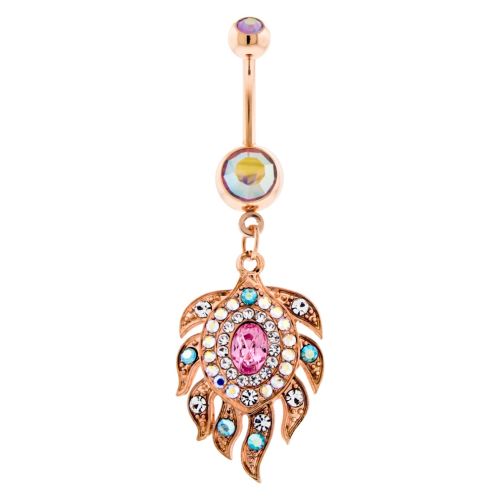ROSE GOLD PVD BNA 14G 3/8 5MM X 8MM AB BEZEL SET ROSE AB DOUBLE GEM WITH FEATHER DANGLE WITH PINK CLEAR AND AB GEMS