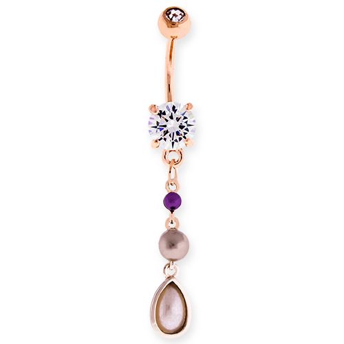 ROSE GOLD PVD BNA 14G 3/8 5MMX8MM CLEAR PRONG SET WITH PURPLE AND CHAMPAGNE PEARL BALLS AND WHITE PEARL TEARDROP DANGLE