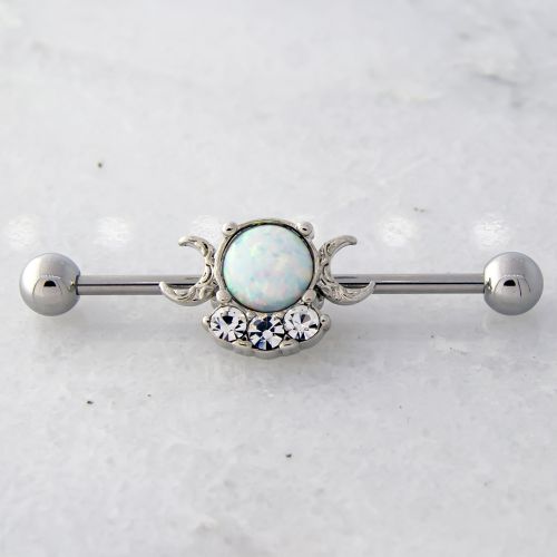 14G WHITE OPAL WITH CRESCENT MOONS INDUSTRIAL BARBELL