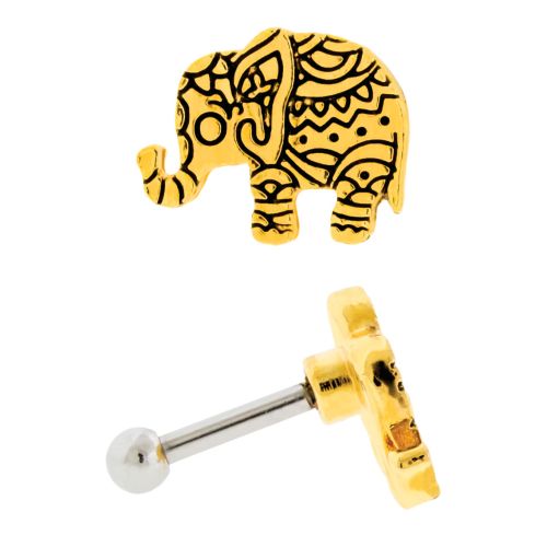GOLD PVD COATED EXTERNALLY THREADED 316L BARBELL 16G 1/4 2.5MM BALL WITH BINDI ELEPHANT