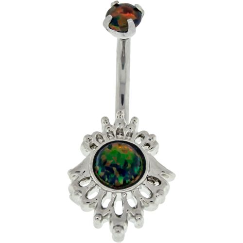 CRV 16G 5/16 316L STEEL CURVE WITH PRONG SET BLACK SYNTHETIC OPAL TOP AND FILIGREE DESIGN WITH BLACK SYNTHETIC OPAL CENTER