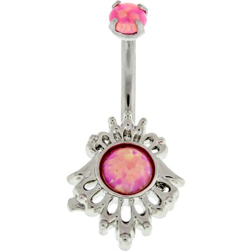 CRV 16G 5/16 316L STEEL CURVE WITH PRONG SET PINK SYNTHETIC OPAL TOP AND FILIGREE DESIGN WITH PINK SYNTHETIC OPAL CENTER BOTTOM