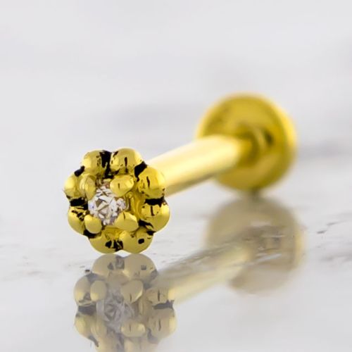 18Kt Gold Threadless Helix Labret with Gold Premium Zirconia Beaded Flower End