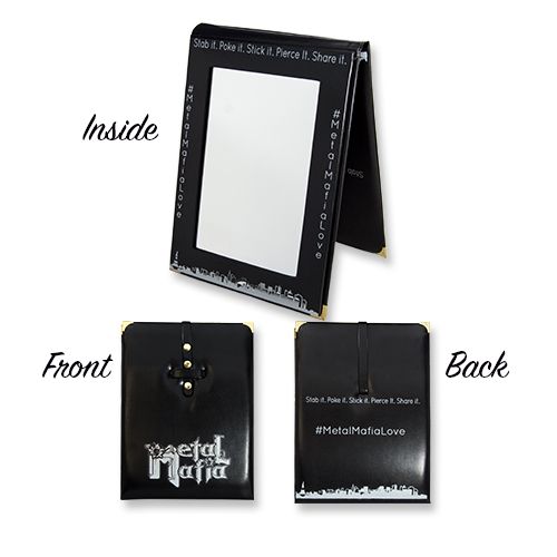 PORTABLE FOLDING MIRROR. MEASURES 7 1/4" WIDE BY 10" TALL