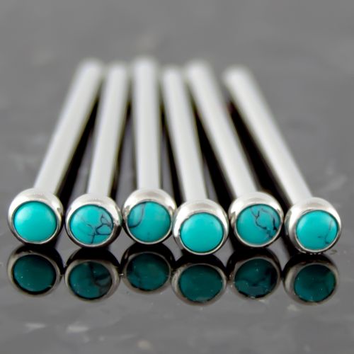 NOSE PIN 16G 16MM LONG 2.3MM TURQUOISE DYED HOWLITE CABOCHON PRESS SET GEM 316L STEEL 6 PC PACK