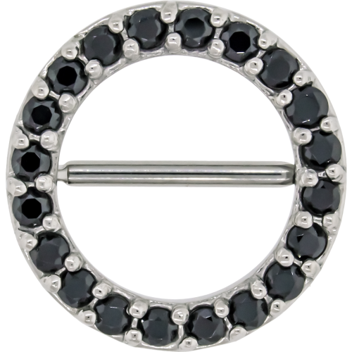 14G 9/16 SURGICAL STEEL NIPPLE CLICKER SHIELD WITH BLACK PRONG SET GEMS ALL THE WAY AROUND