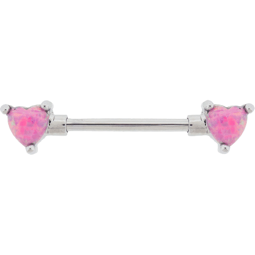 14G 9/16 EXTERNALLY THREADED 316L STEEL NIPPLE BARBELL WITH PRONG SET PINK OPAL HEART ENDS