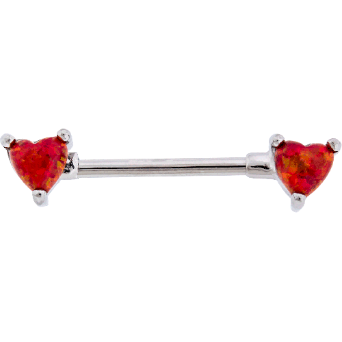 14G 9/16 EXTERNALLY THREADED 316L STEEL NIPPLE BARBELL WITH PRONG SET RED OPAL HEART ENDS