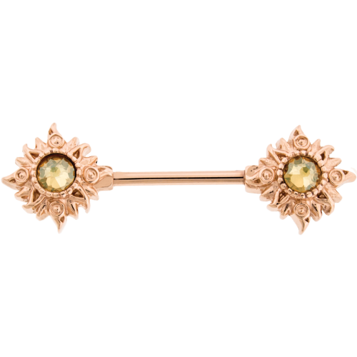 ROSE GOLD PVD 14G 9/16 STEEL CAST EXTERNALLY THREADED NIPPLE BARBELL WITH CHAMPAGNE GEM SUN ENDS