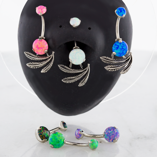 STEEL OPAL NAVEL RING W/ ABSTRACT FEATHERS