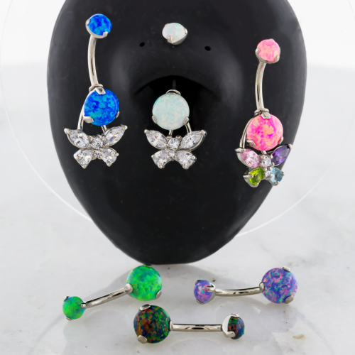 TITANIUM SYNTHETIC OPAL NAVEL RING W/ GEMMED BUTTERFLY