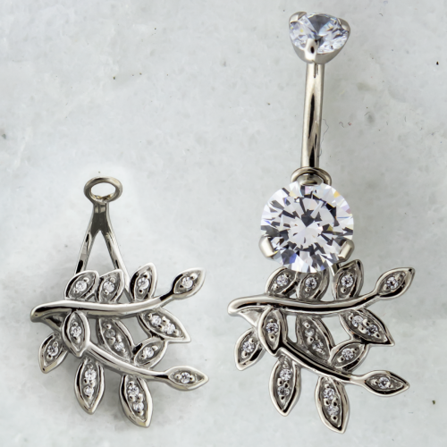 NAVEL RING HANGER WITH BRANCHES WITH PRONG SET CLEAR GEMS