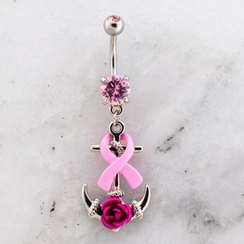 Breast Cancer Awareness Navel Ring With Anchor And Ribbon