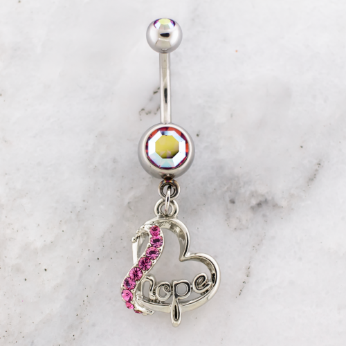 Breast Cancer Awareness Navel Ring With Hope Heart Dangle