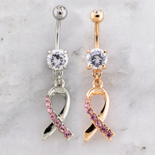 Breast Cancer Awareness Navel Ring With Pink Pave Gem Ribbon